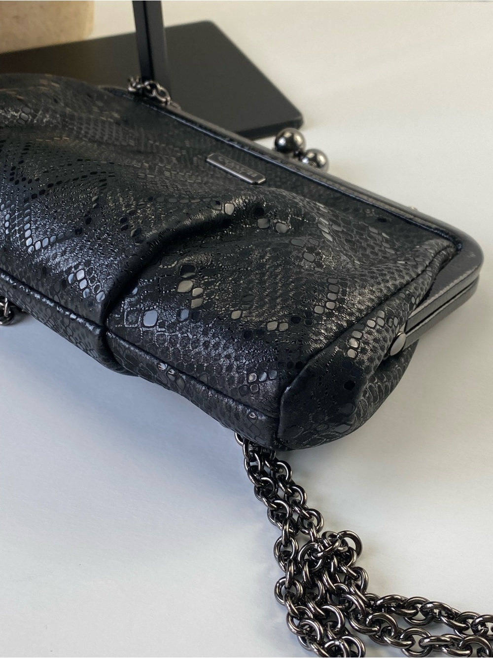 Coach Kisslock Black Python Snake-Textured Frame Clutch Chain Bag - Picture 10 of 15